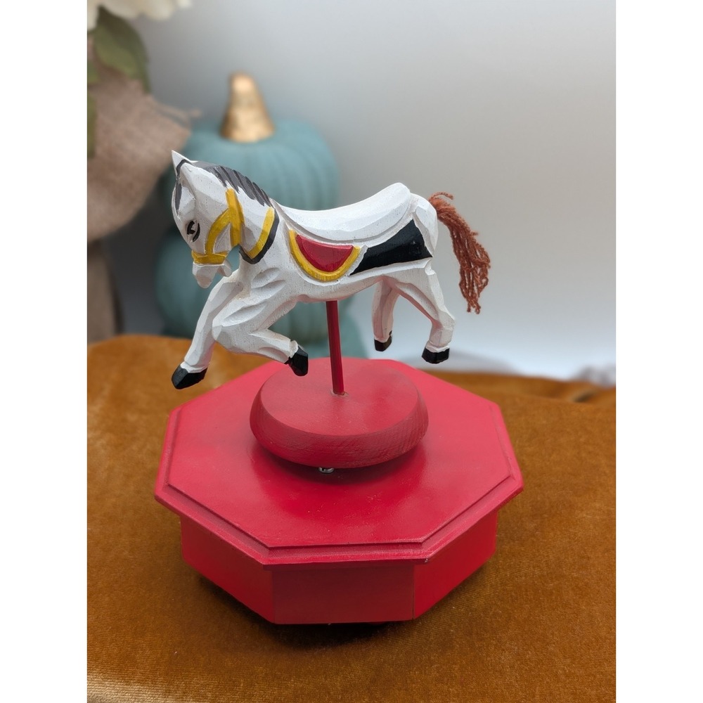 Wooden Vintage Carousel Horse Music Box Hand Painted Folk Art Tonal Red Base
